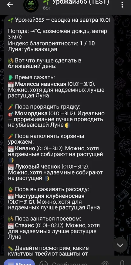 Пример сводки Урожай365 в Telegram